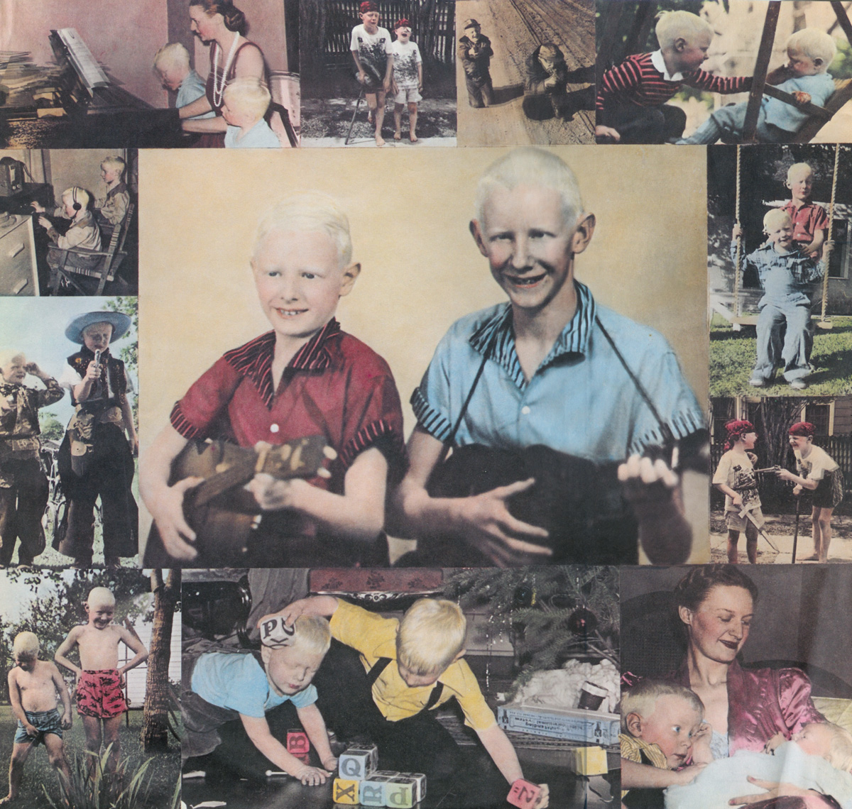 A collage of childhood photos of Johnny, Edgar Winter with their mother